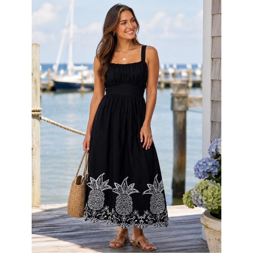 London Times NWT Black Pineapple Embroidered Cotton Midi Dress Size S
